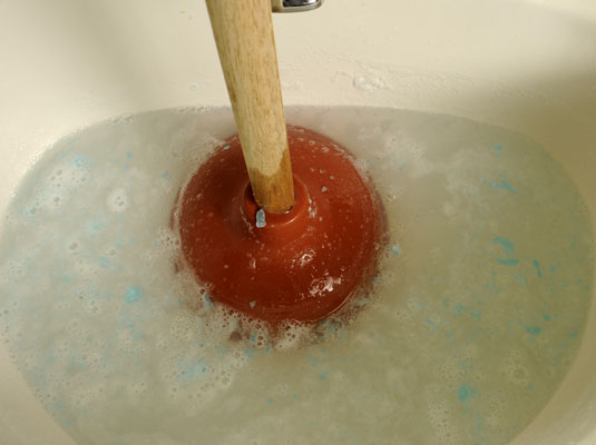 Cover the drain with the plunger, making sure there’s water coming up at least halfway up the rubber cup on the plunger.