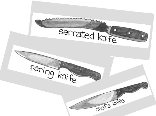 A chef knife, a serrated knife and a paring knife.