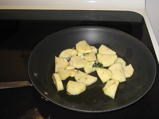 Place your food in the heated pan.