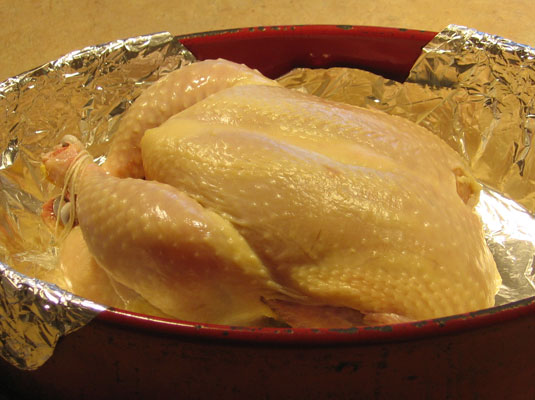 Place the chicken, breast side up, on a rack in a shallow metal roasting pan.