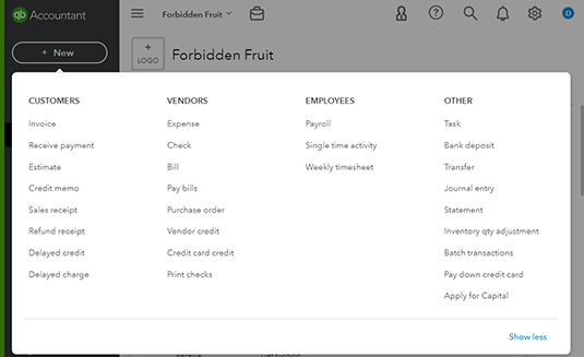 Screenshot showing the QuickBooks Create menu