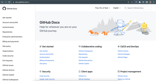 Screenshot of the GitHub Docs web page.