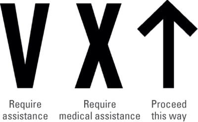 Ground-to-air emergency symbols V, X, and an arrow