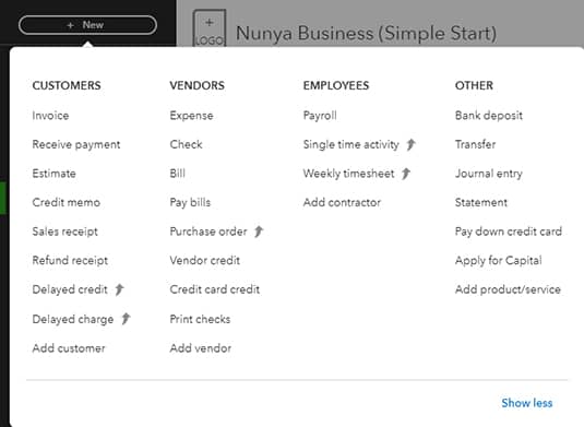 Screenshot of QuickBooks transactions menu