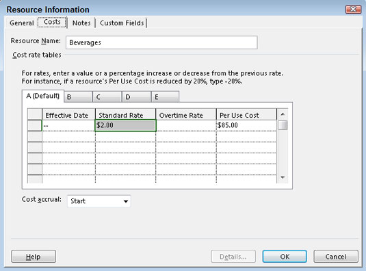 Setting rates in the Resource Information dialog box.