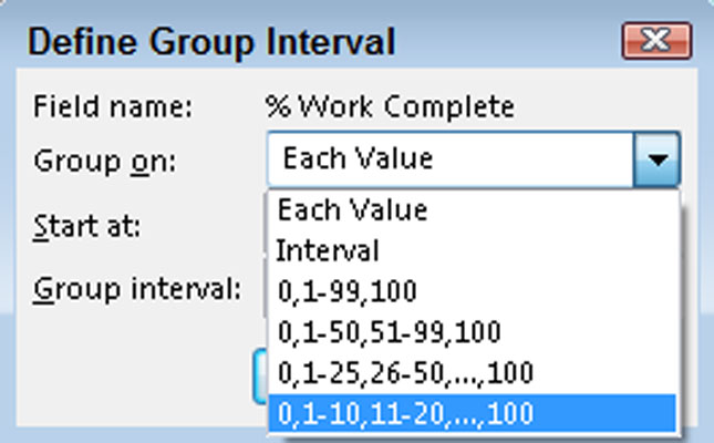 If you want to define intervals in which to organize the groups, click the Define Group Intervals button.
