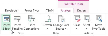 Place the cursor anywhere inside the pivot table, and then go up to the Ribbon and click the Analyze tab. There, click the Insert Slicer icon.