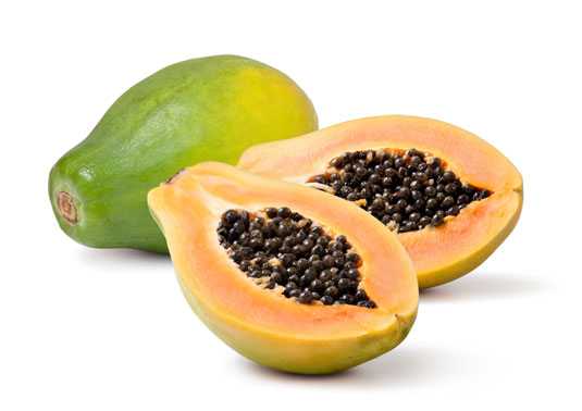 The papaya, also known as the paw-paw, is a pear-shaped melon with versatile pale-yellow flesh that you can serve cooked when unripe or enjoy raw when ripe (look for an orange-y gold rind).