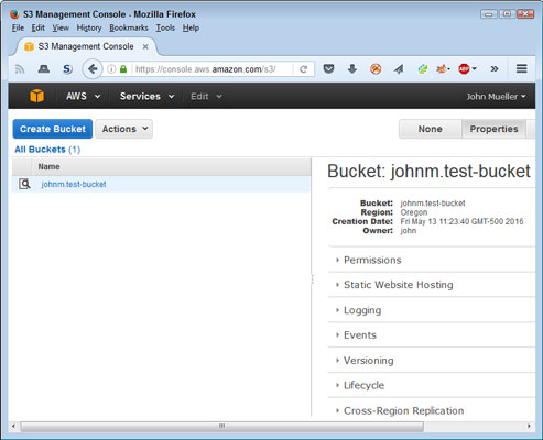 Type a bucket name (the example uses johnm.test-bucket) and select a region (the example uses Oregon); then click Create.