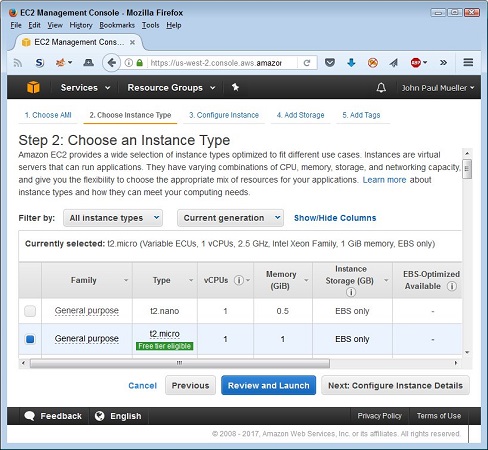 choose an instance for AWS