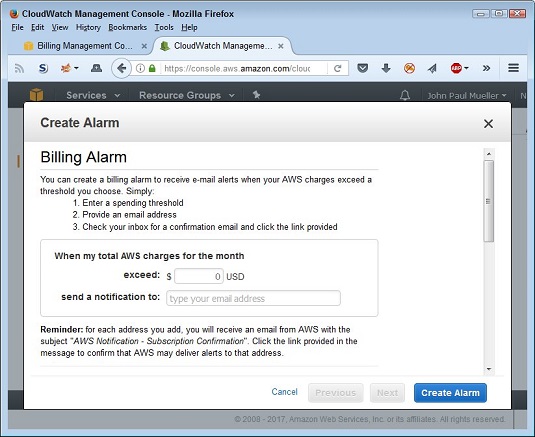 Create AWS billing alarm