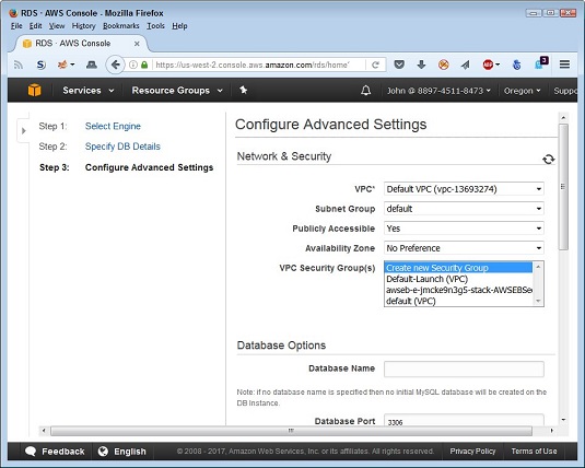 database details AWS