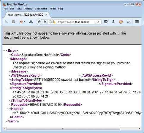Signature error message AWS