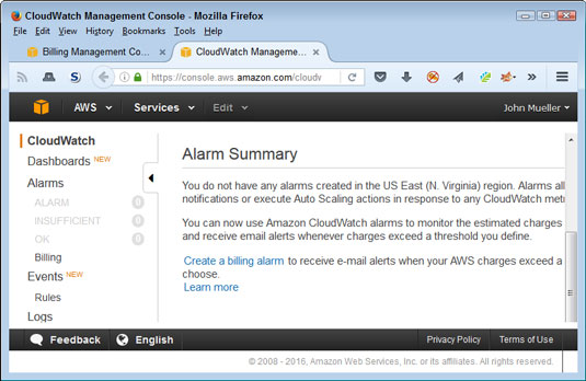 Click Manage Billing Alerts to create an alarm to tell you about any charges.