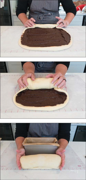 Rolling a bread log for a loaf pan.