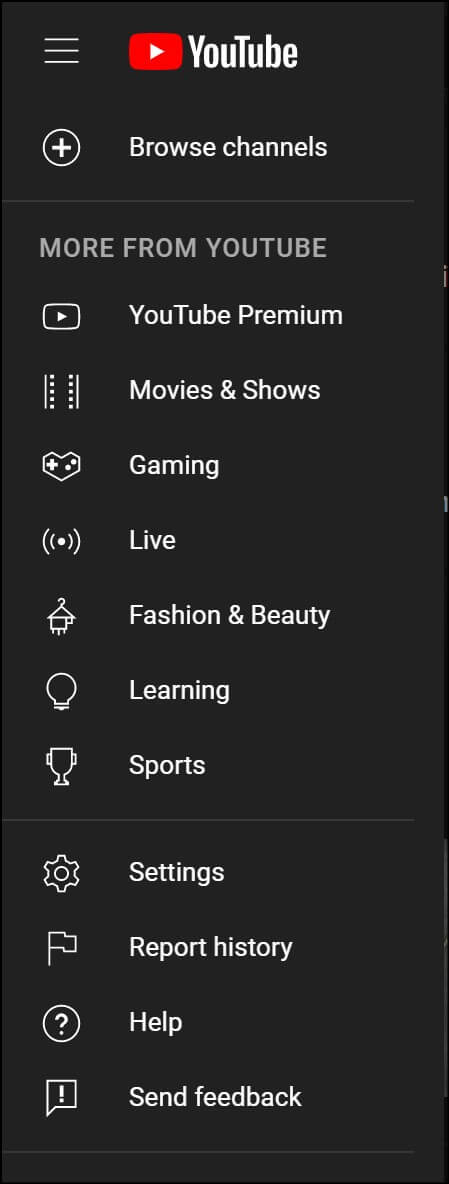 Browse YouTube menu