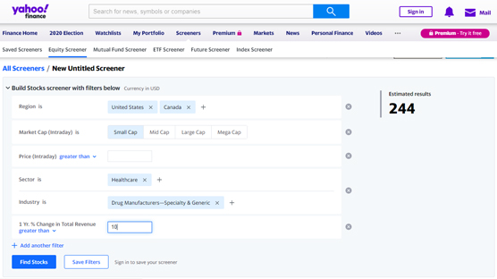 Yahoo! Finance’s Equity Screener.