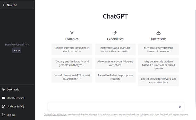 Screenshot showing The ChatGPT screen on the free, research preview version