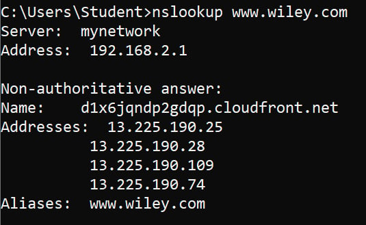 Using nslookup to resolve an FQDN to an IP address.