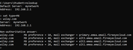 Using nslookup to locate mail servers.
