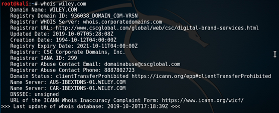 Performing a Whois search in Kali Linux.