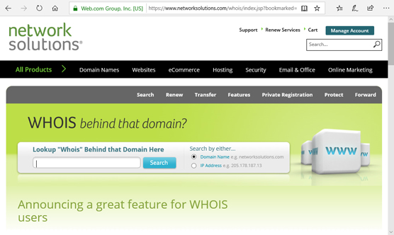 Using Network Solutions to perform a Whois search.