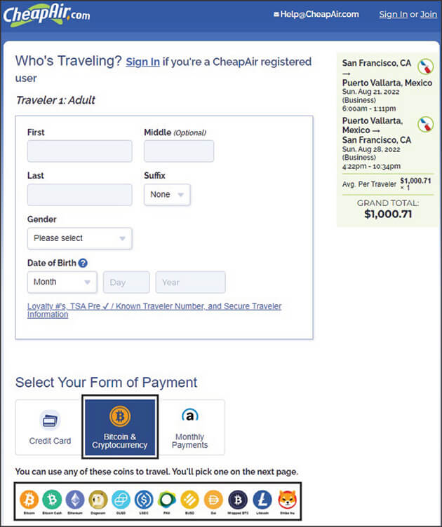 Screenshot showing a window for using cryptocurrency to purchase a flight on CheapAir.com