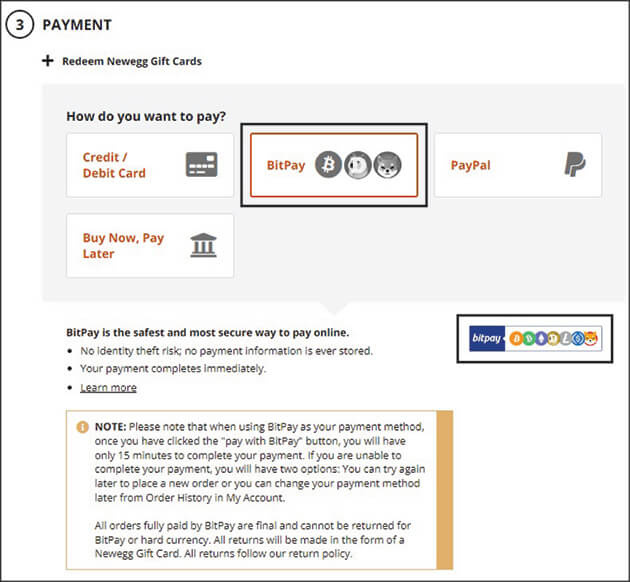 Screenshot showing window for using cryptocurrency to purchase hardware on Newegg.com