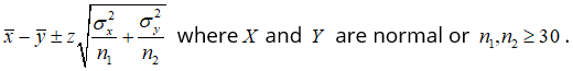 confidence interval for difference of two population means <em>μ<sub>x</sub></em> - <em>μ<sub>y</sub></em> with standard deviations known