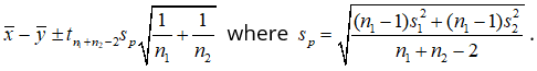 confidence interval for difference of two population means <em>μ<sub>x</sub></em> - <em>μ<sub>y</sub></em> with standard deviations unknown but equal