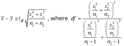 confidence interval for difference of two population means <em>μ<sub>x</sub></em> - <em>μ<sub>y</sub></em> with standard deviations unknown but unequal