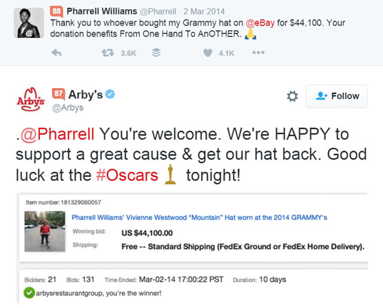 Arby’s remarks to Pharrell on Twitter