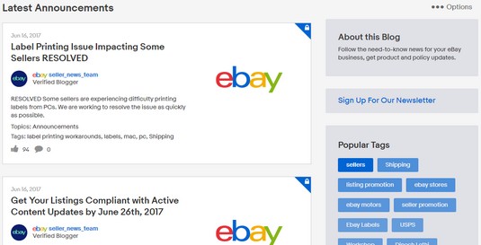 eBay Announements board