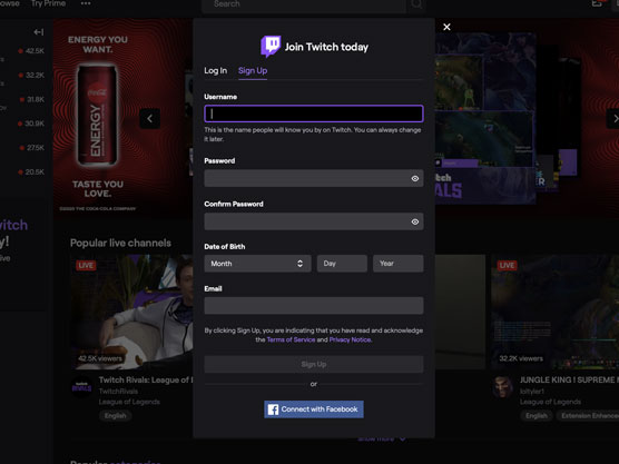 The Twitch registration page.