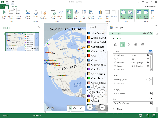 3D Map tour animating items ordered in U.S. and Canada between 7/5/1996 and 5/6/1998.