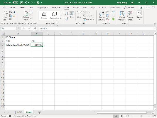 China worksheet with formula that returns the CPI.