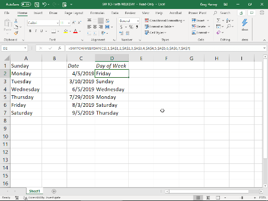 Using the SWITCH function to swap out the number returned by the WEEKDAY function with its name.