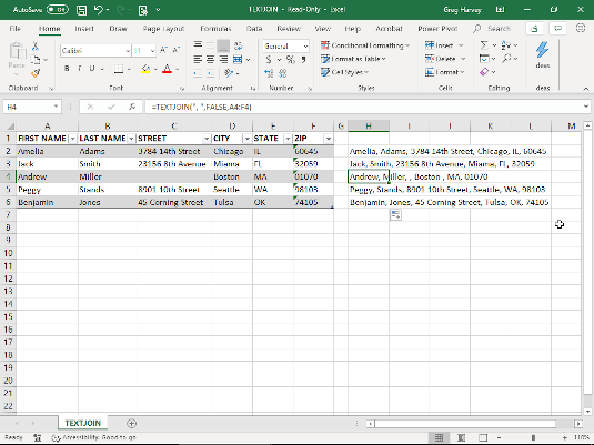 Using TEXTJOIN to combine text entries in an Excel table.