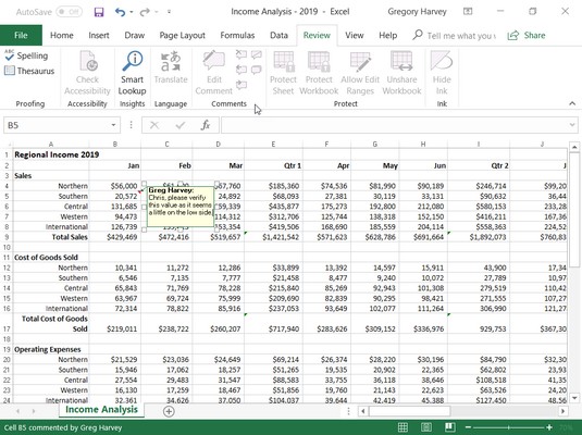 cell comment Excel 2019