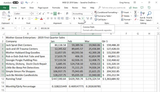 Comma Style number format Excel 2019