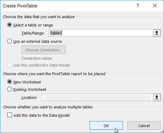 create Excel pivot table
