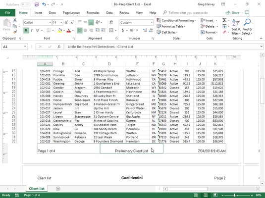 custom footer in Excel 2019
