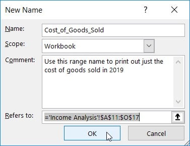 Excel range names in Excel worksheet