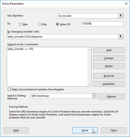 Excel 2019Solver parameters