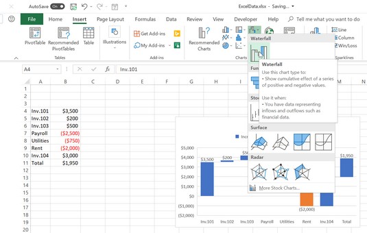 waterfall chart Excel 2019