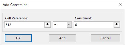 Add Constraint dialog Excel