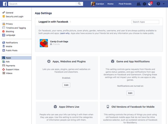 app settings facebook