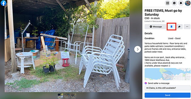 Screenshot of Facebook Marketplace and the bookmark icon