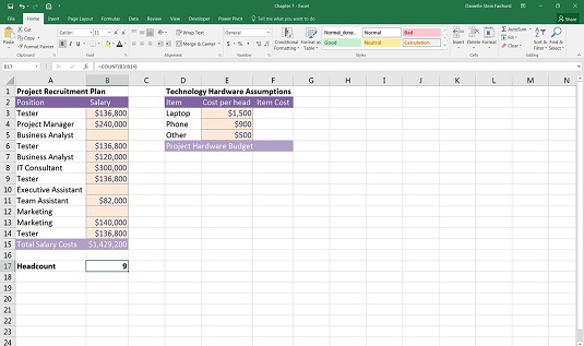 COUNT function in excel for financial model