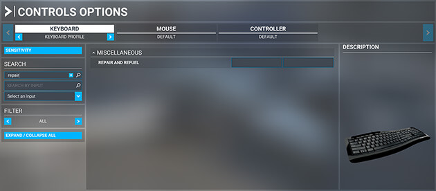 Flight Simulator screenshot showing how to searching for the Repair and Refuel option for keybinding